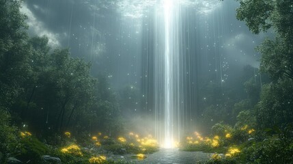 Enchanting waterfall surrounded by lush greenery and glow