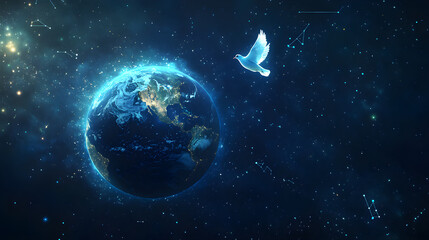 Obraz premium World Peaceful Day Earth with Flying White Dove on a Peaceful Blue Background Global Peace Concept