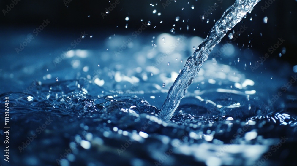 Poster a close-up view of flowing water creating splashes and ripples in a serene blue setting.