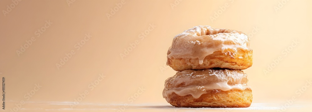 Poster a warm stack of cinnamon rolls with icing, set on a light, warm-colored background with space for te