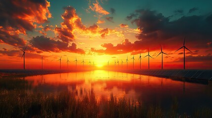 Fototapeta premium Windmills and solar panels are featured in a banner for Earth Day, promoting renewable energy as a solution to climate change