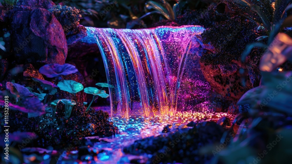 Poster digital waterfall of neon liquid flowing in surreal forest environment captivating visual art vibran