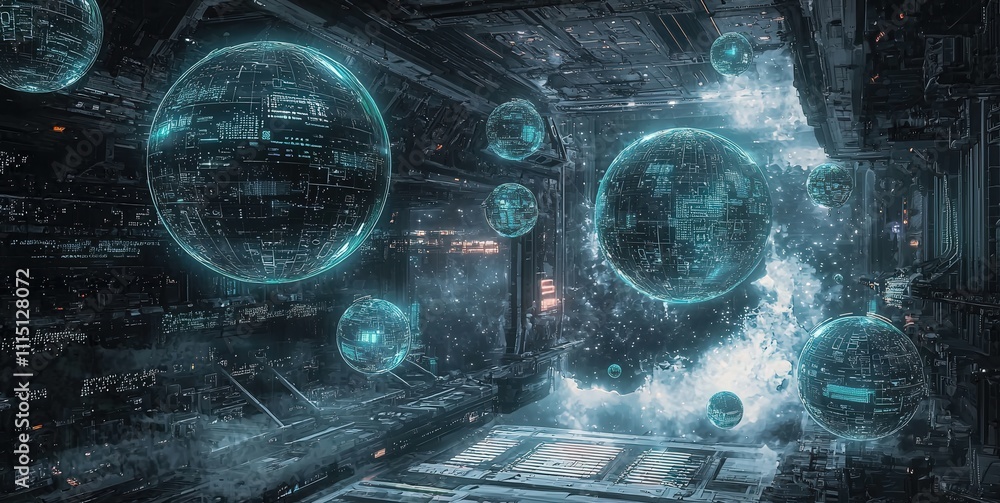 Poster Aerial perspective of a futuristic neon observatory immersive tech vision in a sci-fi digital environment