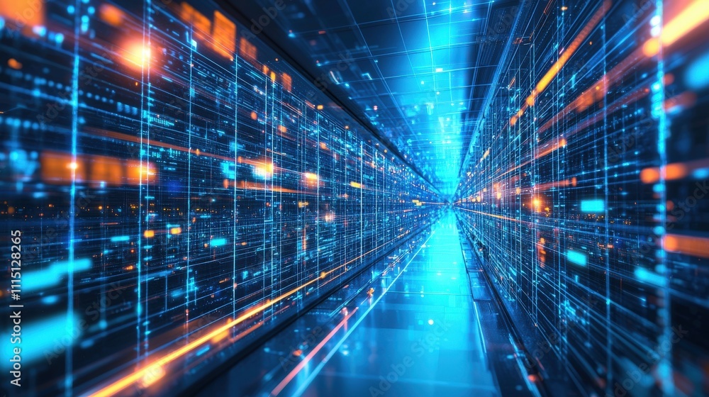 Poster futuristic tunnel of transparent panels with neon lights digital landscape virtual reality environme