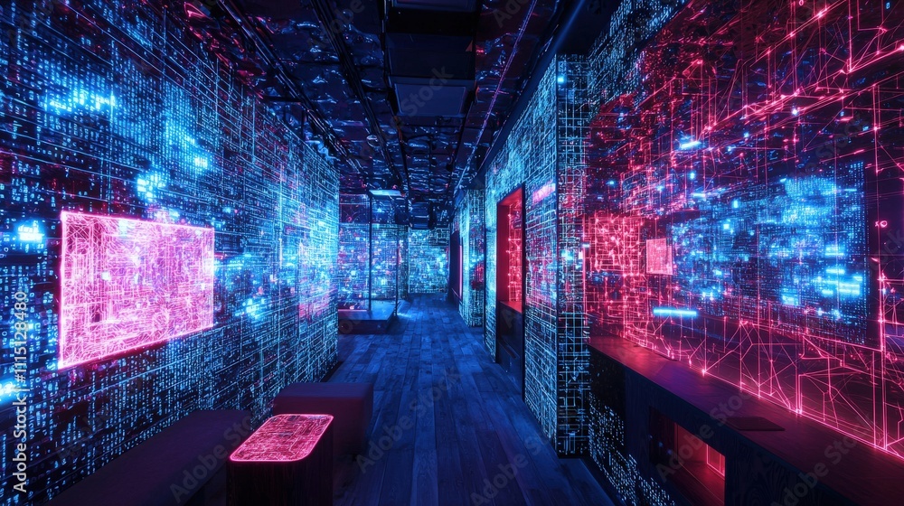 Leinwandbilder dynamic vr gallery featuring floating neon shapes and immersive digital art in a unique perspective 