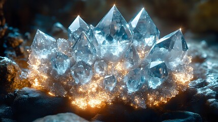 Obraz premium A stunning photograph showcasing a raw diamond cluster in its natural form with the crystal s facets brilliantly catching and reflecting the light to create a mesmerizing
