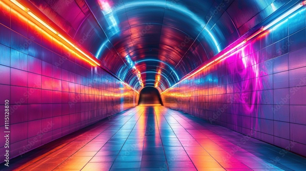 Poster illuminated neon tunnel surrounded by kaleidoscopic patterns urban setting digital art vibrant color