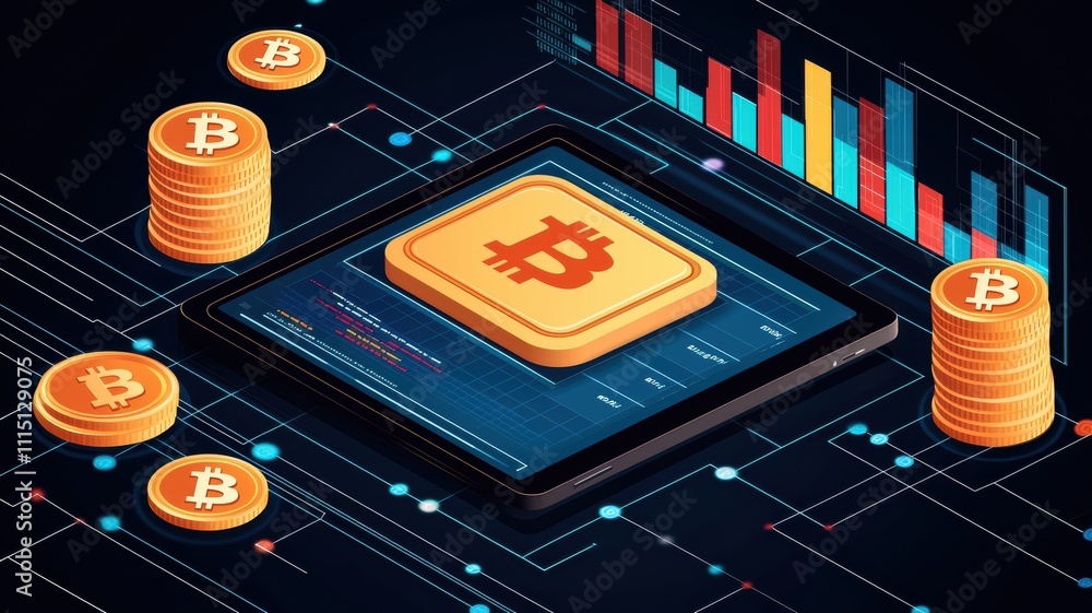 Aufkleber digital illustration of bitcoin with coins and analytics on a circuit board.