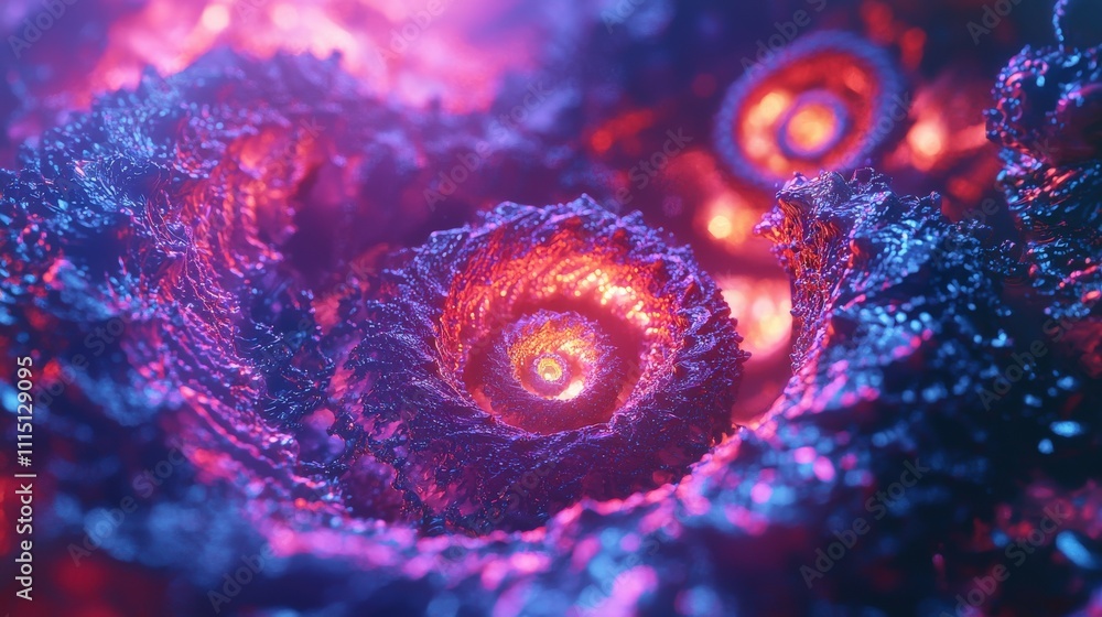 Poster Luminous spirals in a surreal time loop close-up digital art in an abstract space environment