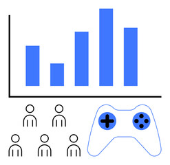 Bar chart, game controller, user icons. Ideal for gaming analytics, user engagement, market trends, data insights, gamer statistics, business growth. Line metaphor