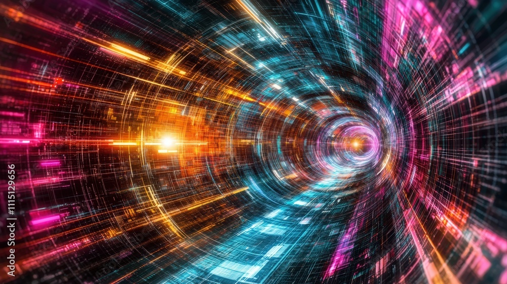 Poster Dynamic exploration of a neon tunnel an immersive conceptual journey in a futuristic realm