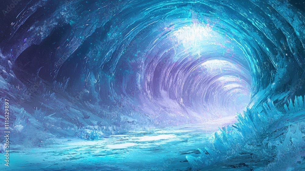 Poster futuristic icy neon tunnel an ethereal journey of digital visualization and abstract art illuminatio
