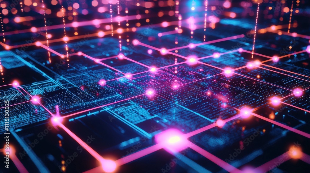 Poster Abstract radiant grid pattern with pulsing neon lights digital environment graphic design concept futuristic viewpoint