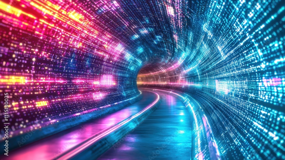 Poster Exploring a neonlit tunnel flowing data simulation in a dynamic futuristic cityscape abstract environment