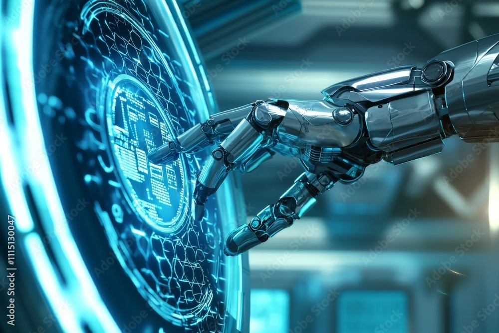 Poster a robot is touching a screen with a blue circle on it