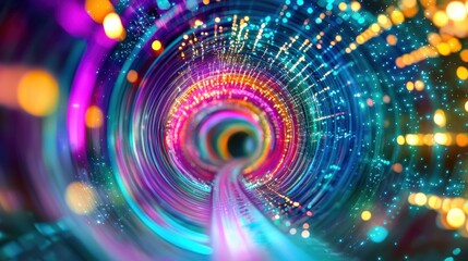 Neonlit tunnel simulating data flow digital realm abstract art vibrant environment eye-level viewpoint futuristic concept