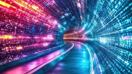 Exploring a neonlit tunnel flowing data simulation in a dynamic futuristic cityscape abstract environment