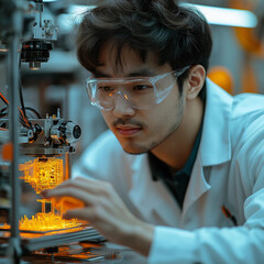 scientist working on a microscope