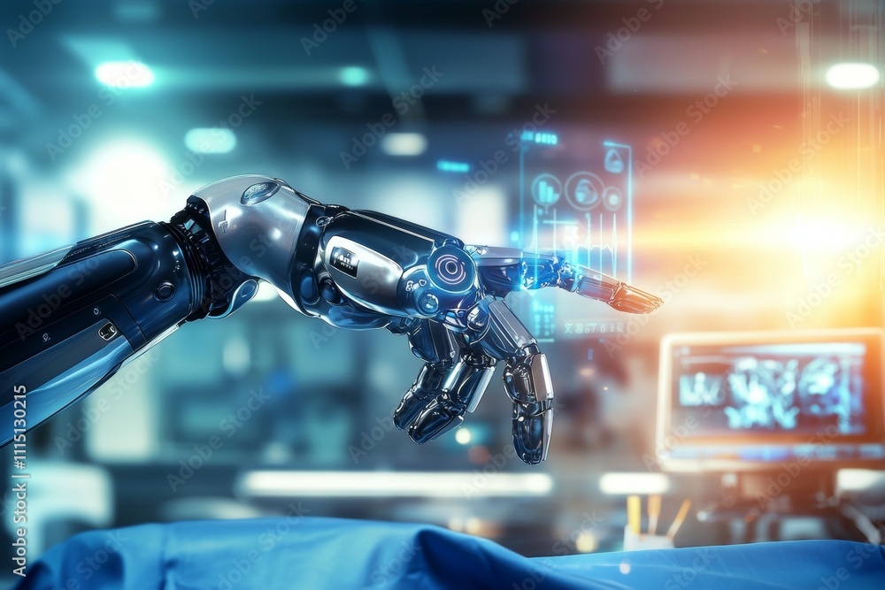 Poster a robotic hand pointing to a computer screen