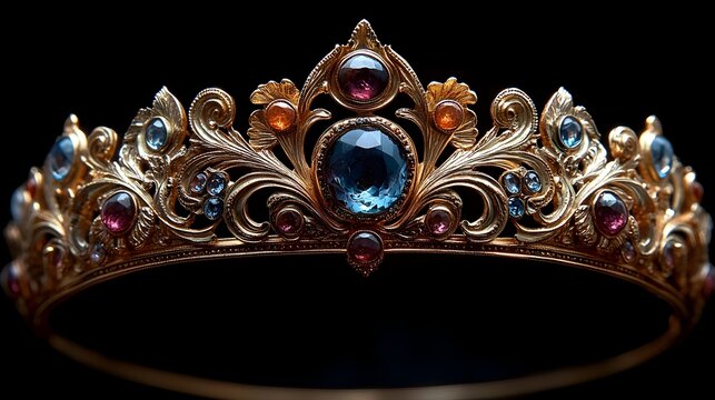 Vintage Style Golden Crown with Ornate Designs and Embedded Gemstones for a Regal Luxurious Look  Featuring a classic intricate pattern with small gems set into the golden structure for a stunning