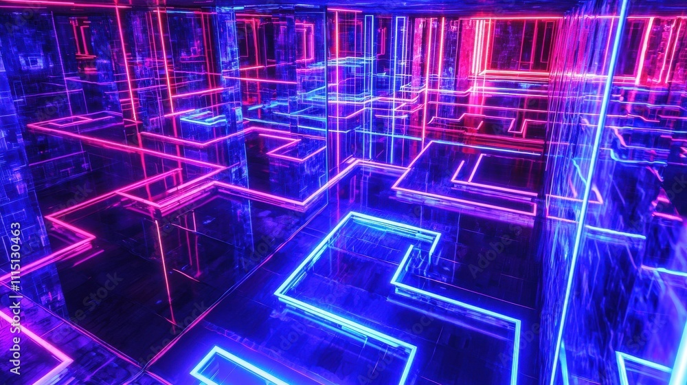 Poster neon pathways illuminate a digital labyrinth in a futuristic immersive art installation experience