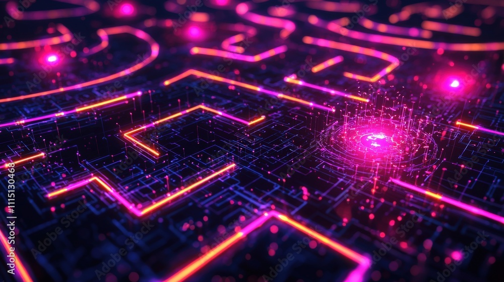 Poster Dynamic digital labyrinth shifting neon pathways virtual realm visual art futuristic environment close-up perspective