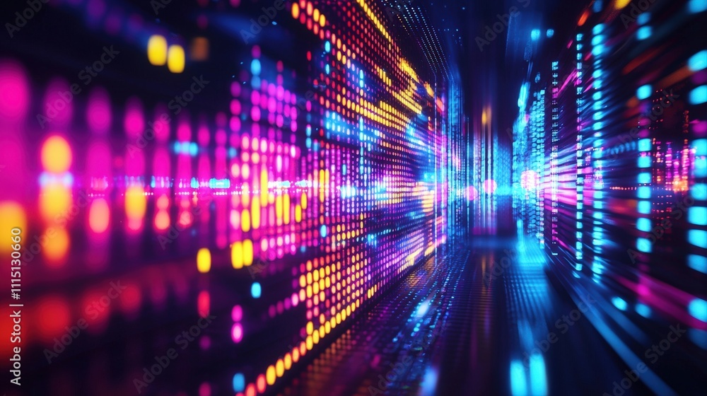 Poster pulsating luminous equalizer bars in neonlit cityscape digital art futuristic environment abstract v