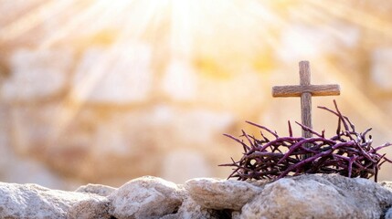Easter, a cross and crown of thorns on a stone background with copy space for text, a religious concept. Purple colors, with sunlight rays, Jesus Christ's Orthodox festival concept.