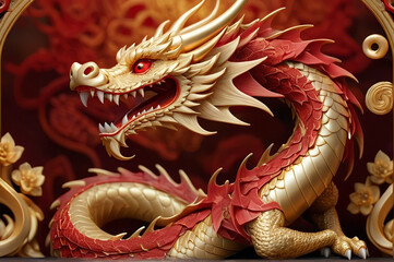 Obraz premium A golden dragon intertwined with a circular Chinese zodiac wheel, with glowing zodiac symbols radiating light against a vibrant red background. Chinese New Year illustration