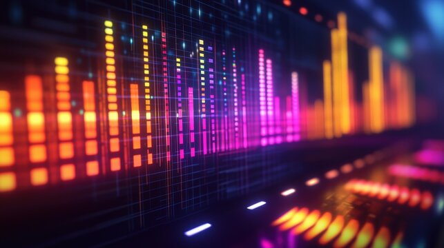 Futuristic equalizer bars pulsing in neon environment digital sound landscape vibrant visuals tech vibe captivating motion