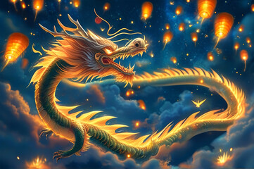 Fototapeta premium A radiant golden dragon soaring majestically through swirling red clouds, with fiery sparks trailing from its claws and glowing lanterns illuminating the background. Chinese New Year concept