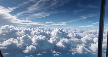Fototapeta premium Clouds drift lazily across the brilliant blue expanse of a plane window, clouds, blue sky