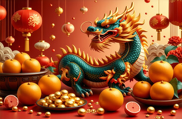 Fototapeta premium Happy Chinese New Year background, greeting card, template design with dragons and lanterns. 