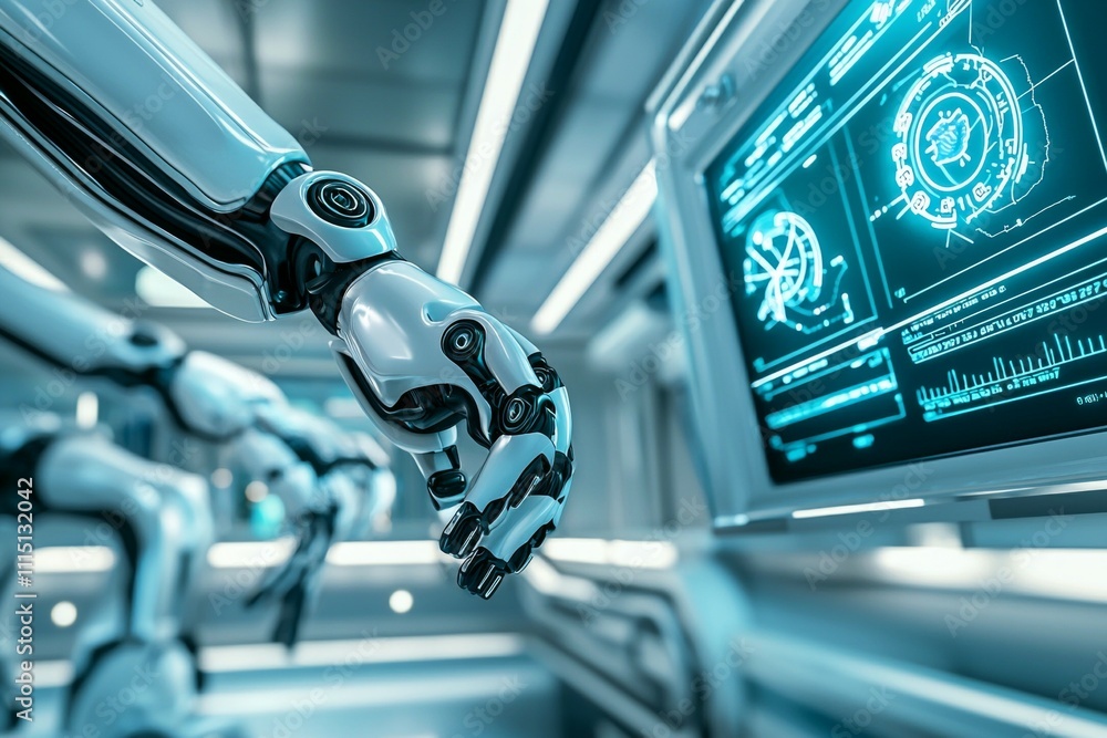 Poster a robot arm is shown on a computer monitor