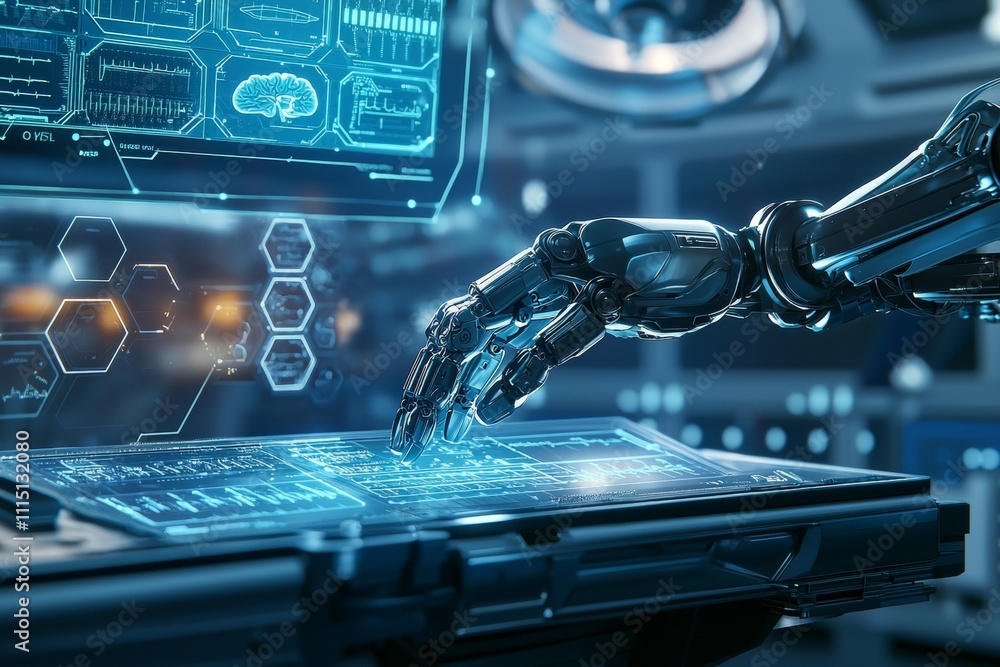 Poster a robotic hand is touching a computer screen