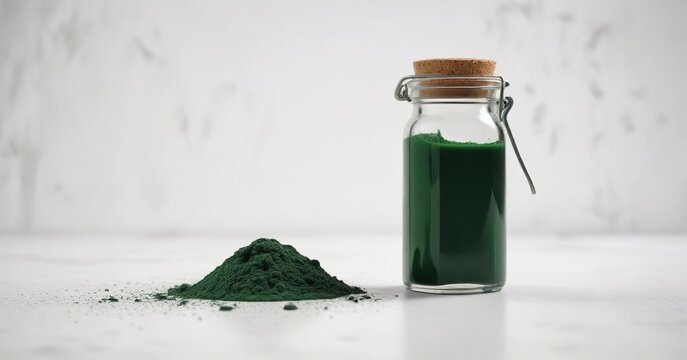 Algae spiruline powder in a small glass bottle with a white background, health, green, rich