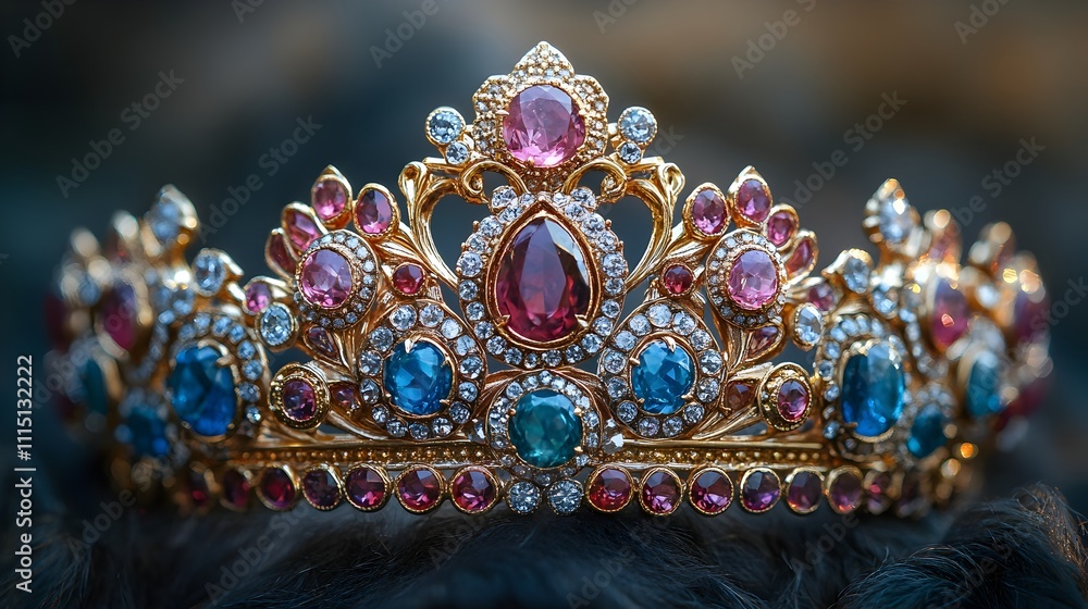 Poster a magnificent crown adorned with a dazzling array of vibrant gemstones in shades of emerald green ru