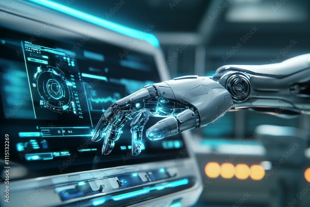 Poster a robot hand is touching a computer screen
