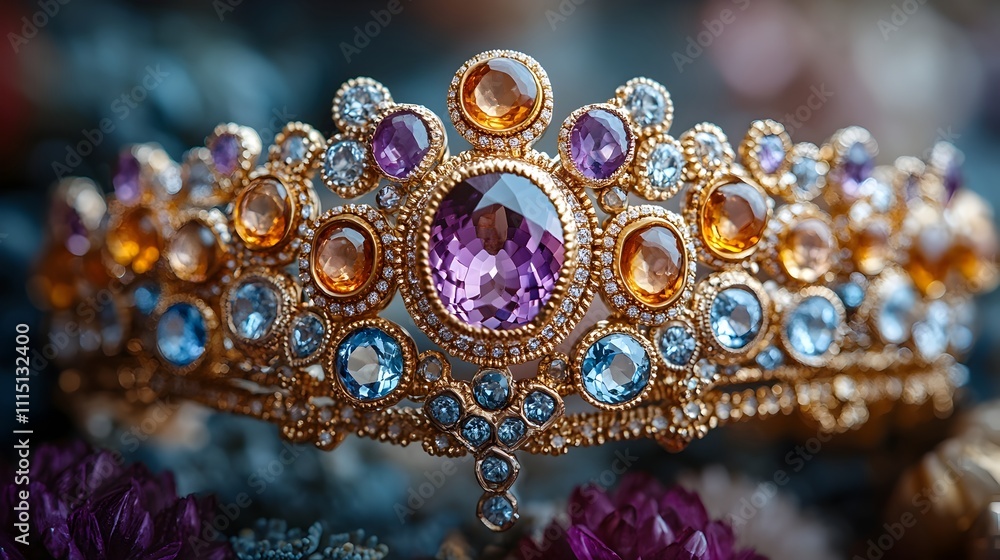 Poster a close up of a majestic crown adorned with an array of multicolored gemstones featuring intricate d