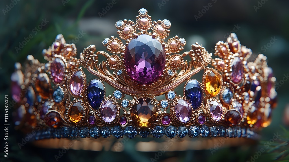 Poster a close up of a majestic crown adorned with an array of multicolored gemstones including amethyst ci