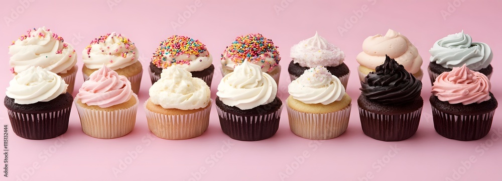 Poster a selection of colorful cupcakes with cream frosting and sprinkles, placed against a soft pastel-col