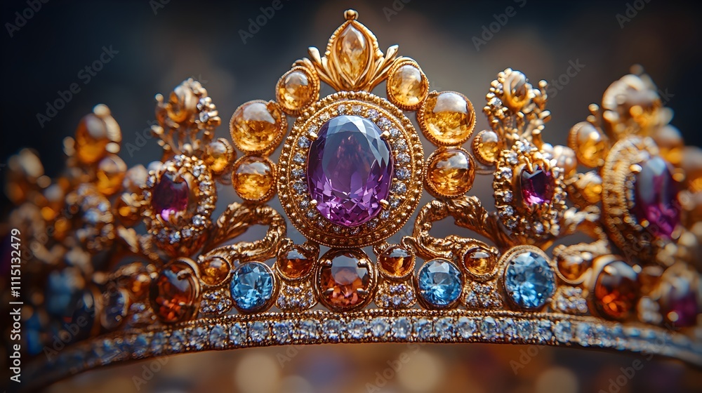 Poster a close up of a majestic crown adorned with a stunning array of multicolored gemstones featuring int