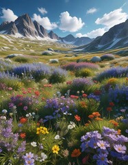 Fototapeta premium A stunning Alpine meadow with wildflowers of every color against a blue sky , sunshine, clouds, sky