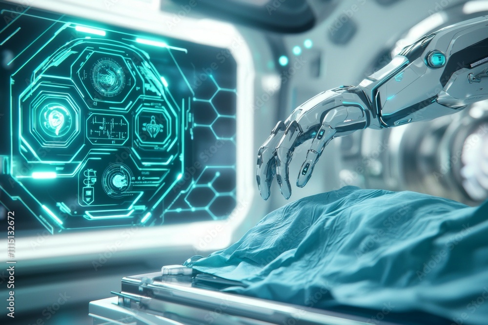 Poster a robot is shown on a bed with a monitor displaying a green screen