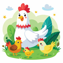 Cartoon Hen and Chicks Illustration - Farmyard Scene with Mother Hen and Baby Chickens