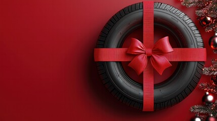 A festive tire wrapped with a red ribbon sits against a red background, combining holiday spirit with automotive themes.