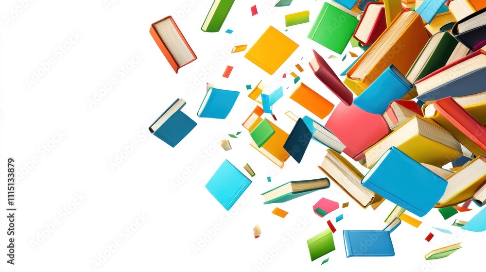 Poster a colorful array of books scattered against a white background, symbolizing knowledge and creativity