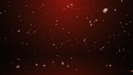 White snowflakes falling to the ground on a dark red background, horizontal composition.