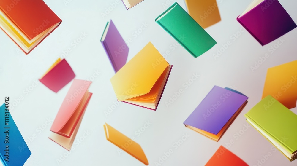 Poster a colorful array of floating books, symbolizing knowledge and creativity.