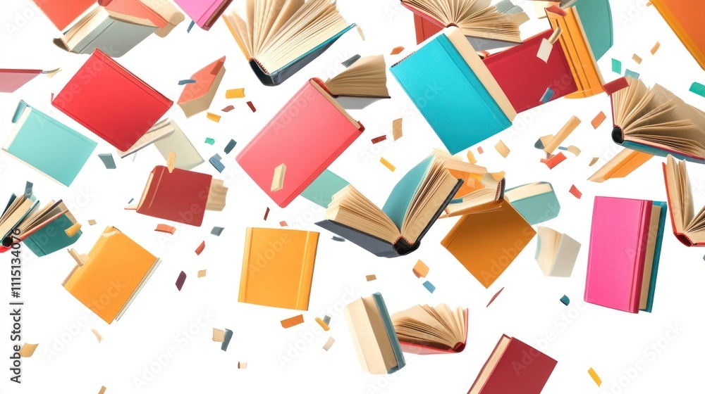 Poster a colorful array of floating books, symbolizing knowledge and creativity.
